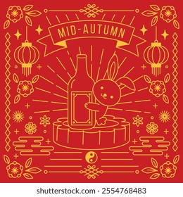 Mid-Autumn Festival poster featuring a cheerful rabbit holding a bottle, surrounded by traditional Chinese lanterns, floral motifs, and a red and gold decorative design, perfect for festive greetings 