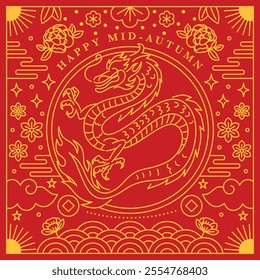 Mid-Autumn Festival poster featuring a traditional Chinese dragon in a red and gold design, surrounded by intricate floral patterns, clouds, and festive elements, perfect for holiday decorations