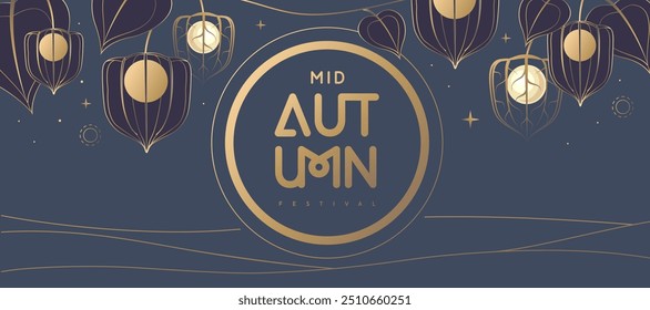 Mid-autumn festival poster with full moon and physalis lanterns on blue background. Vector illustration