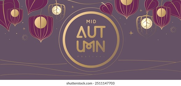 Mid-autumn festival poster with full moon and physalis lanterns on red background. Vector illustration