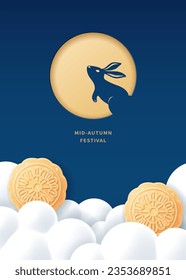 Mid-autumn festival poster with moon, moon cake and rabbit on dark blue background. Vector illustration for banner, poster, flyer, invitation, discount, sale.