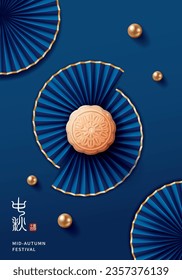 Mid-autumn festival poster with moon cake on dark blue background. Vector illustration for banner, poster, flyer, invitation, discount, sale. Translation: Mid-autumn festival and August 15.