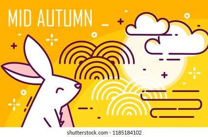 Mid-Autumn Festival poster with moon, rabbit and graphic elements on orange background. Thin line flat design. Vector banner.