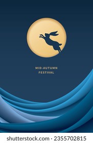 Mid-autumn festival poster with moon and rabbit on dark blue background. Vector illustration for banner, poster, flyer, invitation, discount, sale.