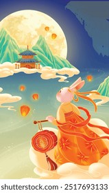 Festival de meados de outono Coelho Chang'e está admirando a lua na cidade antiga
