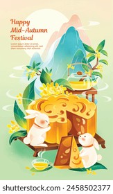 Mid-Autumn Festival rabbit eating mooncakes and admiring the scenery poster
