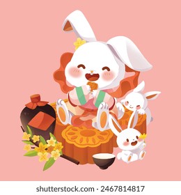 Mid-autumn festival rabbit is eating mooncakes