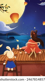 Mid-Autumn Festival rabbit gives mooncakes to Chang'e to admire the moon illustration poster