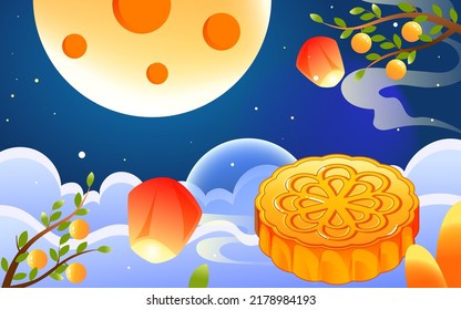 Mid-autumn festival, rabbit is looking at the moon in the sky next to moon cakes, vector illustration