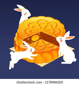 Mid-autumn festival, rabbit is looking at the moon in the sky next to moon cakes, vector illustration