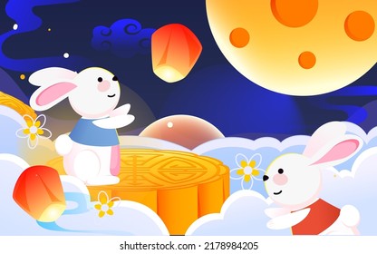 Mid-autumn festival, rabbit is looking at the moon in the sky next to moon cakes, vector illustration