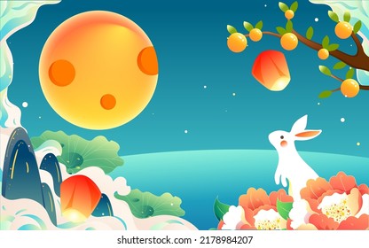 Mid-autumn festival, rabbit is looking at the moon in the sky next to moon cakes, vector illustration