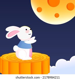 Mid-autumn festival, rabbit is looking at the moon in the sky next to moon cakes, vector illustration