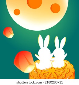 Mid-autumn festival, rabbits are looking at the moon in the sky, Kong ming lanterns are flying in the sky, vector illustration