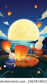 Mid-Autumn Festival rabbits are releasing Kongming lanterns and admiring the moon