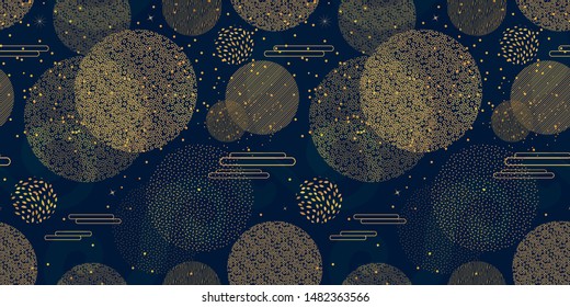 Mid-autumn festival seamless pattern. Traditional Oriental print with gold abstract circles, clouds, stars on a dark blue background, starry sky. Magic texture, creative design. Vector illustration.