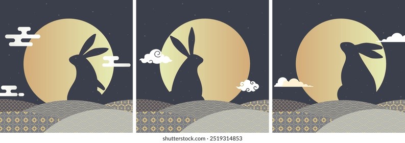 Mid-Autumn Festival, Set of rabbit and golden full moon on a starry night amidst wavy lines on a dark background. Design for banner, poster, greeting card or sale promotion,silhouette rabbit