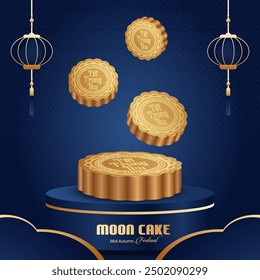 Mid-Autumn Festival theme mooncakes with oriental lanterns. Vietnamese translation: Happy Mid-Autumn Festival