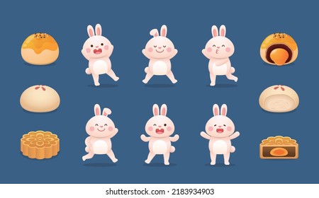 Mid-autumn festival, traditional asian festival, set of rabbits and moon cakes, mascot cartoon character, pastry dessert