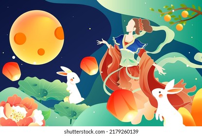 Mid-autumn festival, traditional Chinese mythology story Chang'e flying to the moon, vector illustration