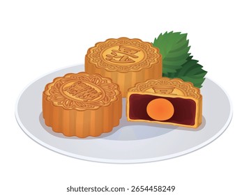 Festival do Meio do outono Bolos de Lua Tradicionais com Ilustração Vetorial de Gema de Ovo Salgado