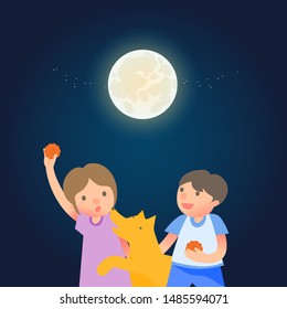 Mid-autumn Festival vector illustration of cute dog wants to eat moon cake in girl's hand and boy stand by their side.