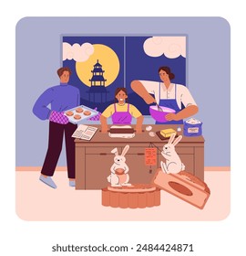 Festival de mediados de otoño. Ilustración vectorial de una familia preparando piragi en la cocina para el Día del Mooncake. Alegre escena familiar, diseño plano para imágenes de vacaciones o materiales educativos.