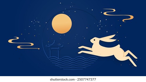 Mid-Autumn Festival vector illustration, full moon and jade rabbit