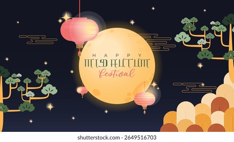 Mid-Autumn Festival vector illustration  with glowing full moon, hanging lanterns, stylized hills, and pine tree on a dark sky background. Perfect for festival greetings or celebration banners.