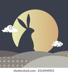 Mid-Autumn Festival whit Minimalist rabbit and golden full moon on a starry night, amidst wavy lines on a dark background. Design for banner, poster, greeting card or sale promotion,silhouette rabbit