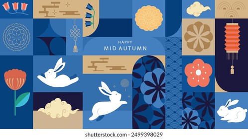 mid-autumn geometric festival background with rabbit,mooncake,moon .vector for a4 horizontal design