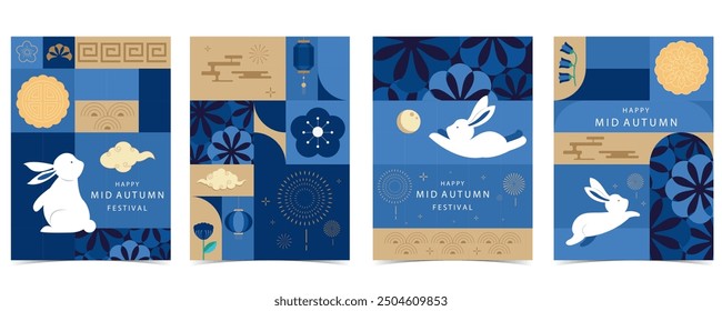 mid-autumn geometric festival background with rabbit,mooncake,moon .vector for a4 vertical design