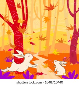 Mid-autumn rabbits in an orange forest with floating leaves near a stream.
