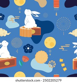 mid-autumn seamless pattern background with rabbit and moon for tile and fabric square design