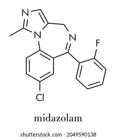 Midazolam benzodiazepine drug molecule. Has sedative, anxiolytic, amnestic, hypnotic, anticonvulsant, etc properties. Skeletal formula.
