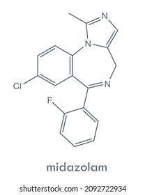 Midazolam structure. Benzodiazepine drug molecule used in treatment of insomnia and anxiety. Chemical formula.