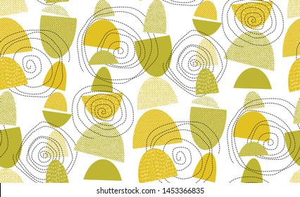 Midcentury 50s vibes geometric seamless pattern. Natural green colors boho hippie style repeatable motif. Abstract geometry rapport for fabric, textile, wrap, surface, web and print design. 