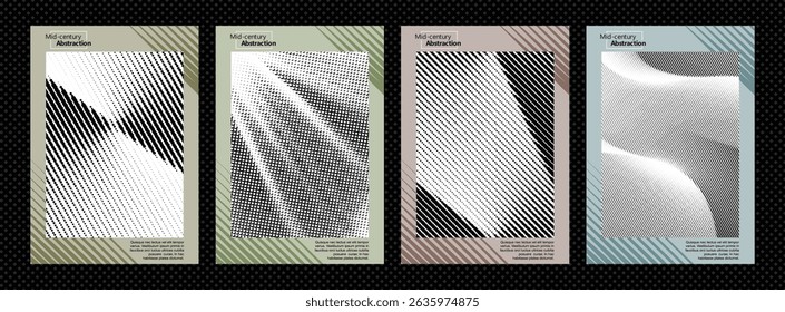 Mid-century abstract halftone poster set – retro geometric wave and dot pattern ideal design for social media, banner, ads.