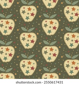 Midcentury Christmas pattern with beige apples and colorful stars on muted olive-green background with dot texture. Vintage festive seamless print for decoration and gift wrap.