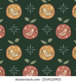 Midcentury Christmas pattern with hand-drawn oranges, dove birds, and flower rosettes on dark green background. Vintage seamless holiday print in for textile and paper.