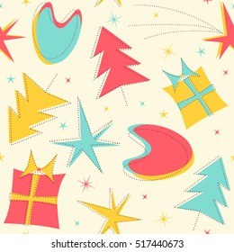 Mid-Century Christmas Pattern with Xmas Trees, Gifts, stars and traditional illustrations inspired on the Fifties.