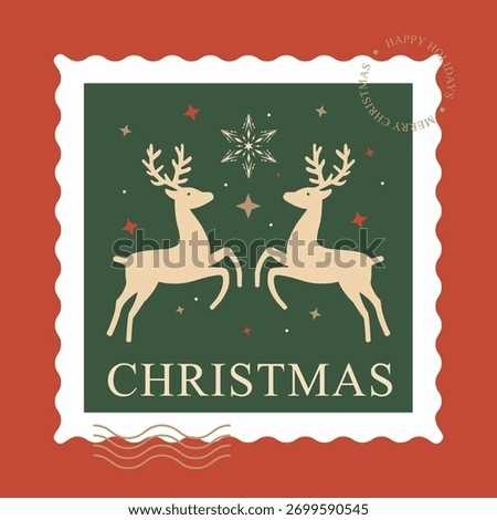 Mid-century Christmas postage stamp vector with two reindeer on retro warm background, nostalgic holiday illustration for cards, labels, stickers and seasonal branding