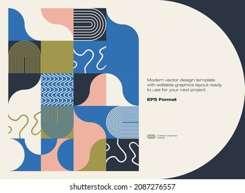 Mid-Century design aesthetics in abstract poster design layout. Swiss Art inspired vector graphics cards made with abstract geometric shapes and texts, useful for poster art and digital prints.