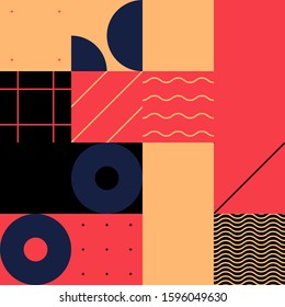 Mid-century geometric abstract pattern with simple shapes and beautiful color palette. Simple geometric pattern composition, best use in web design, business card, invitation, poster, textile print.