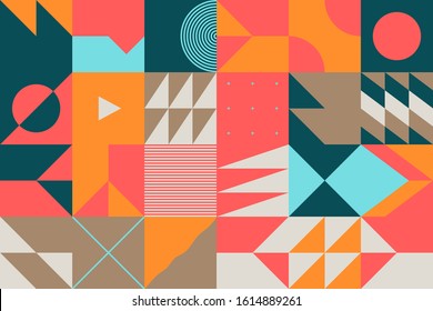 Mid-century geometric abstract pattern with simple shapes and beautiful color palette. Simple geometric pattern composition, best use in web design, business card, invitation, poster, textile print.