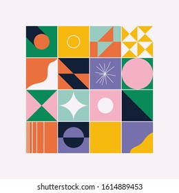 Mid-century geometric abstract pattern with simple shapes and beautiful color palette. Simple geometric pattern composition, best use in web design, business card, invitation, poster, textile print.