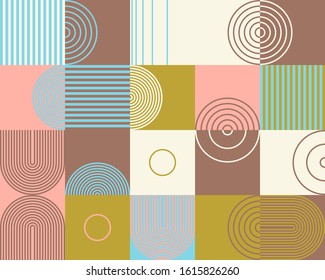 Mid-century geometric abstract pattern with simple shapes and beautiful color palette. Simple geometric pattern composition, best use in web design, business card, invitation, poster, textile print.