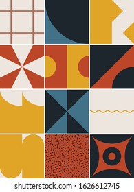 Mid-century geometric abstract pattern with simple shapes and beautiful color palette. Simple geometric pattern composition, best use in web design, business card, invitation, poster, textile print.