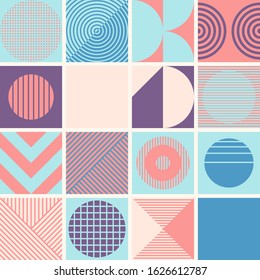 Mid-century geometric abstract pattern with simple shapes and beautiful color palette. Simple geometric pattern composition, best use in web design, business card, invitation, poster, textile print.
