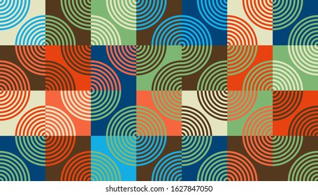 Mid-century geometric abstract pattern with simple shapes and beautiful color palette. Simple geometric pattern composition, best use in web design, business card, invitation, poster, textile print.